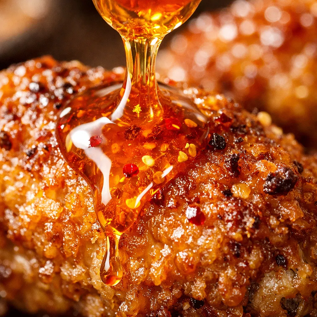 Baked Crunchy Hot Honey Chicken drizzling Honey