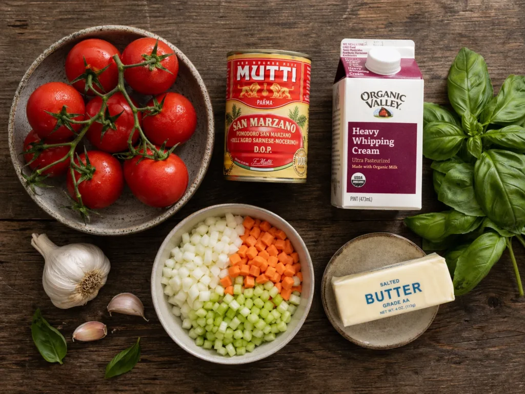 Creamy Tomato Soup Ingredients Flatlay