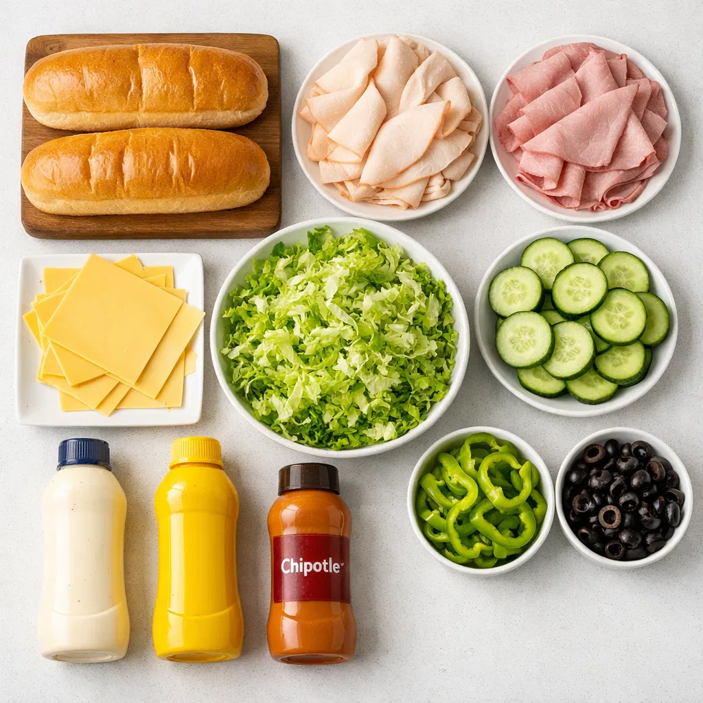 Subway Sandwich at Home Ingredients Flatlay