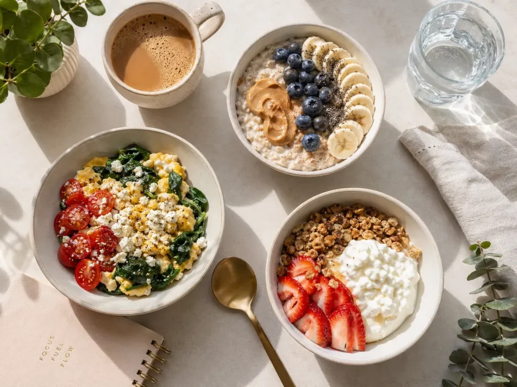 Variety of High Protein Breakfast Bowls Flat Lay
