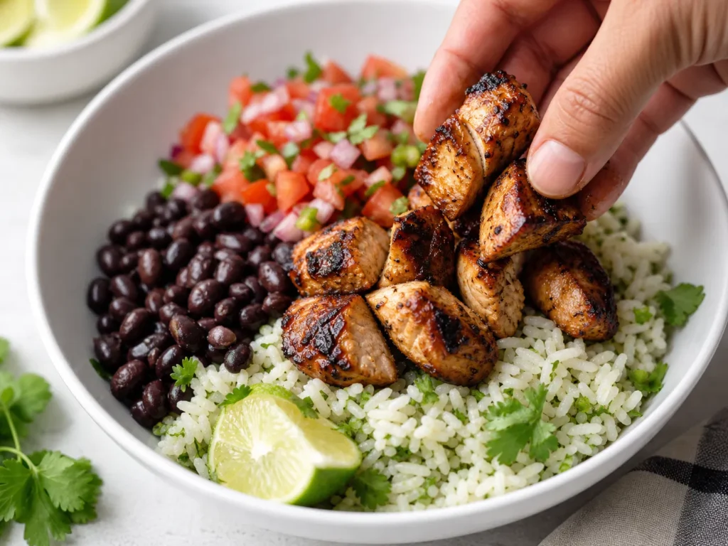 Assembling the Qdoba Chicken Protein Bowl