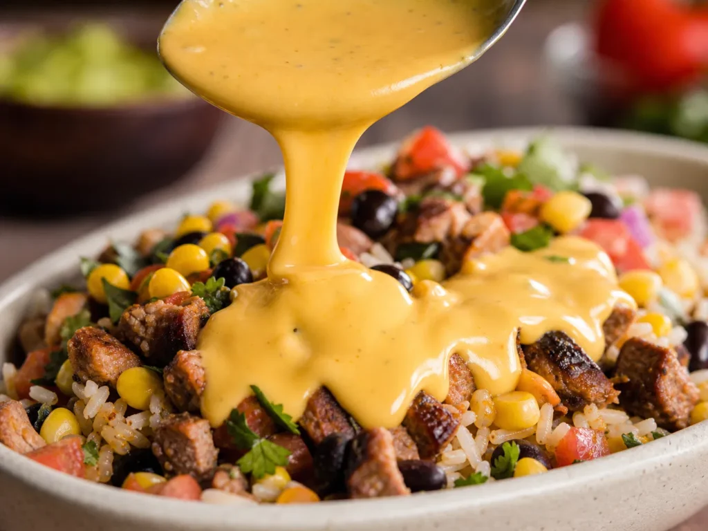 Drizzling Queso Over Burrito Bowl