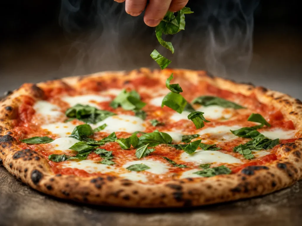 Garnishing Pizza with Basil