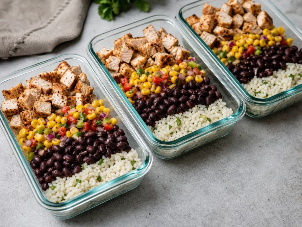 Meal Prep Containers with Burrito Bowl Components