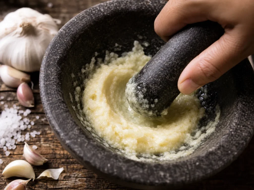mixing Garlic for Garlic Aioli Sauce